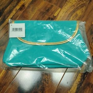 New Nordstrom Cosmetic Bag Teal Green Gold Trim Snap Zip Closer Brush Holder